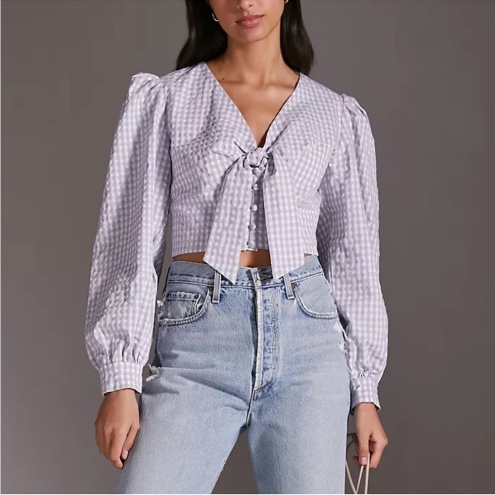 NWT Anthropologie Maeve Cropped Gingham Blouse Lilac Lavender Size 8 - Picture 3 of 9
